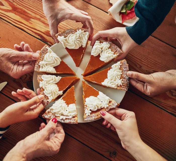 Hands reaching for pie to illustrate shares