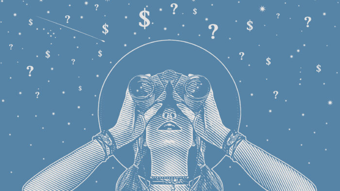 Woman with binoculars worried about financial uncertainty